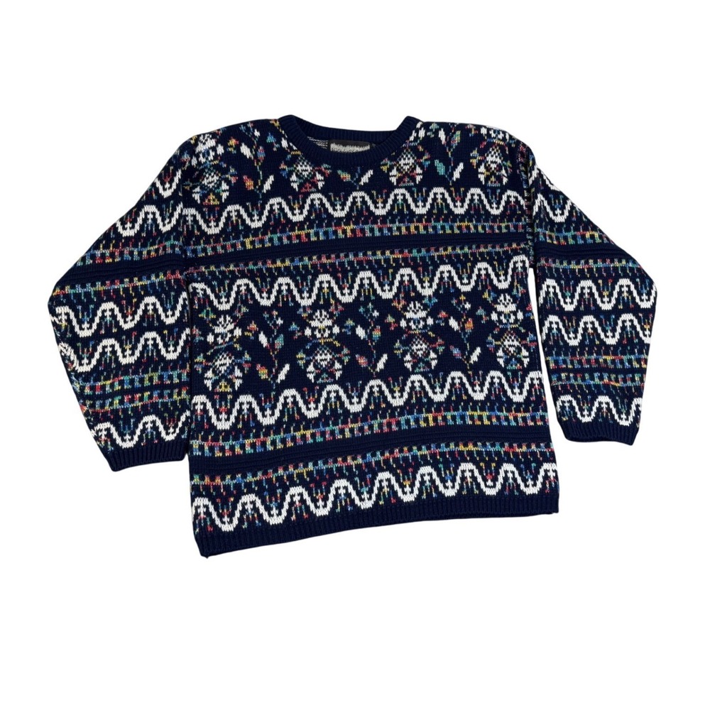 Womens M Navy Blue Multi Color Geometric Fair Isle Sweater Pullover